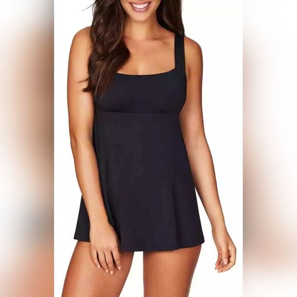 Sea Level Swim Skirted One-Piece Swimsuit Square Neck Swim Dress Black 10 NWOT - Picture 1 of 6
